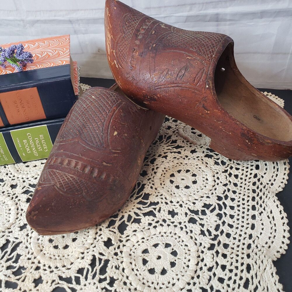 Antique Hand Carved Dutch Style European Wooden Clogs Sabots Folk Art Decor